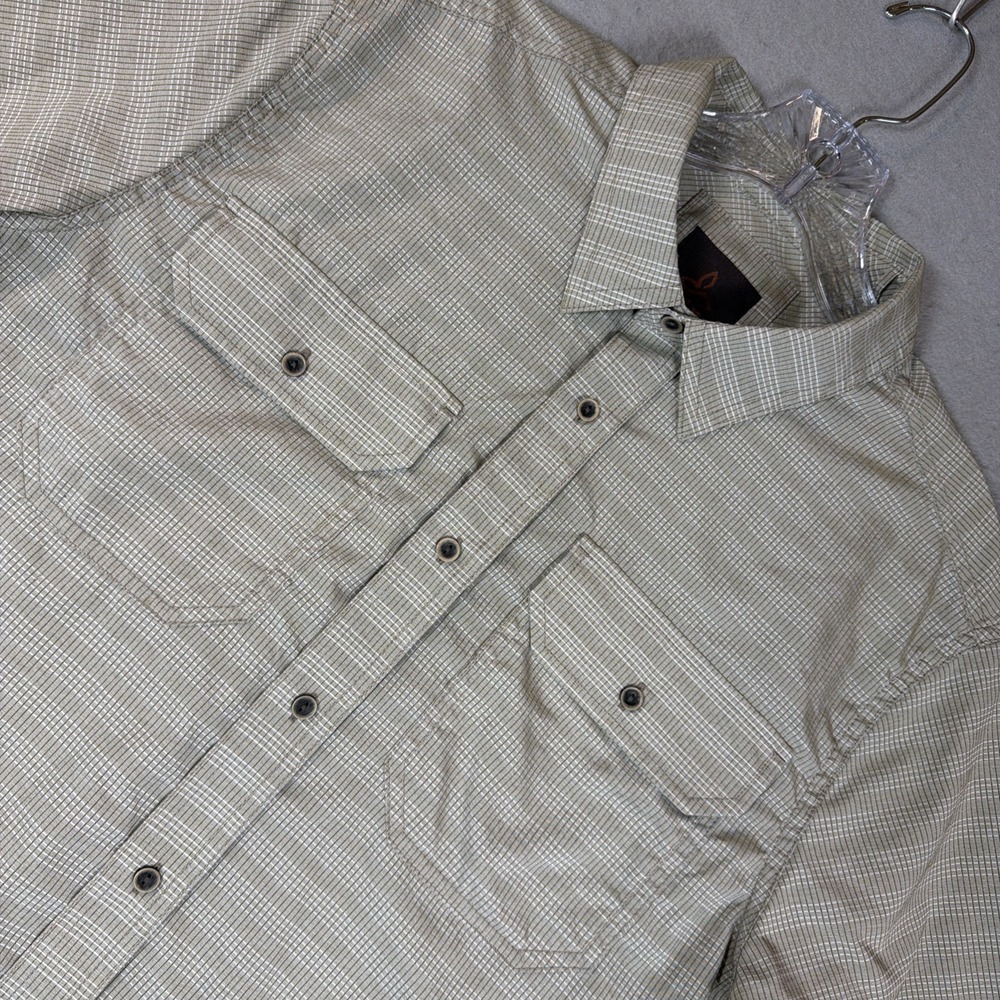 Prana Shirt Mens Small Tan Western Pearl Snap Hiking Logo